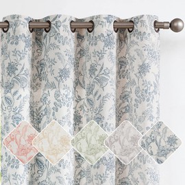 JINCHAN Floral Curtains Linen Curtains for Living Room Blue Farmhouse Curtains 84 Inches Long Light Filtering Country Curtains Kitchen Window Grommet Top Semi Sheer Curtains 2 Panels Blue on Beige