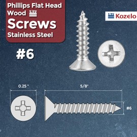 Kozelo 20pcs Phillips Flat Head Wood Screws - [#6x5/8] 304 Stainless Steel Countersunk Self Tapping Screws for Furniture Assembly, Interior Trim, Outdoor Construction, Silver