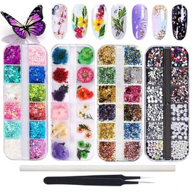 Kalolary Butterfly Nail Sequins,Nail Dried Flowers, Shiny Foil Nail Shavings, Nail Art Rhinestone with Tweezers Nail Art Rhinestone Picker Pencil,For Female DIY nail decoration