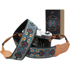 Mystical Blue Camera Strap - Double Layer Genuine Leather Ends, 2 Inch Camera Strap Made of Pure Cotton Embroidered Woven, Adjustable Universal Shoulder or Neck Strap for All Cameras, Gift for