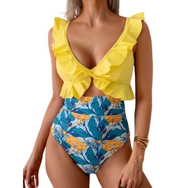 Eomenie - Traje de baño de una pieza para mujer, con control de barriga, con volantes, cuello en V, fruncido, traje de baño adelgazante, corte, Amarillo floral, Small