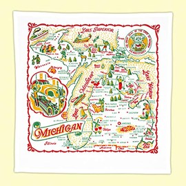 Red & White Kitchen Michigan Map Kitchen Dish Towel - State Souvenir Vintage Retro MI01-RWK