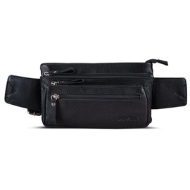 ROYALZ Vegas Bum Bag Leather Flat Men Women Flat Belt Bag Vintage 5 Compartments Retro Waist Bag Chest Bag, black