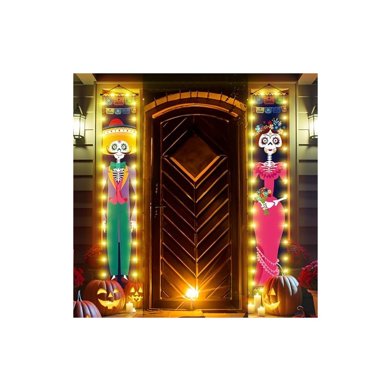 JUGLUTE Banderas de Día de Muertos con Luces, 2 Piezas