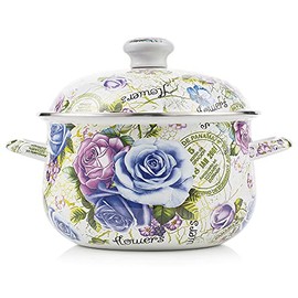 Retro 5QT Flower Enamel on Steel Stock Soup pot with Lid, Stockpots for Cooking