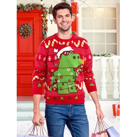 XiaoMoSha Christmas Jumpers for Men, Funny Dinosaurs Pattern Mens Christmas Jumpers Knitted Xmas Pullover Long Sleeve Matching Ugly Novelty Christmas Sweater for Holiday, Men, ColorfulDinosaurs, M