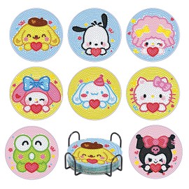 8 PCS Cartoon Diamond Art Coasters Kits, Diamond Painting Coasters with Holder Set of 8, DIY Drink Coasters Art Crafts Supplies for Adults Cup Mat for Home Decor House Warming Gifts Non-Slip 3.9inch