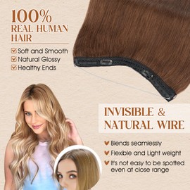 Benehair Wire Hair Extensions Real Human Hair Adjustable #4 Medium Brown Secret Wire in Hair Extensions with Clips Straight 14 Inches (60g)