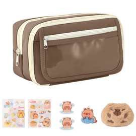 Grifito Capybara Pencil Box, Capybara Large Capacity 21x13x4cm Pencil Case Set, Cute Transparent Multi-Layer Pencil Pouch, Capybara Pencil Case with Plush Brooch, Key Chain, Clip for School