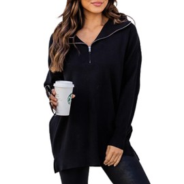 Blooming Jelly Womens Oversized Sweaters Casual Long Sleeve Quarter Zip Pullover Ribbed Knitted Slouchy Jumper Tunic Top