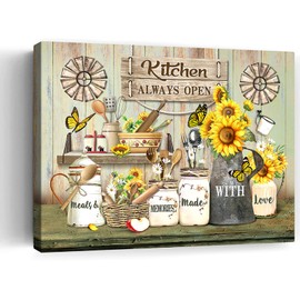Farmhouse Kitchen Sunflower Wall Art Country Pictures Wall Decor Rustic Flowers Painting Vintage Kitchen Framed Artwork Home Decorations for Dining Room Restaurant Living Room 12"X16"
