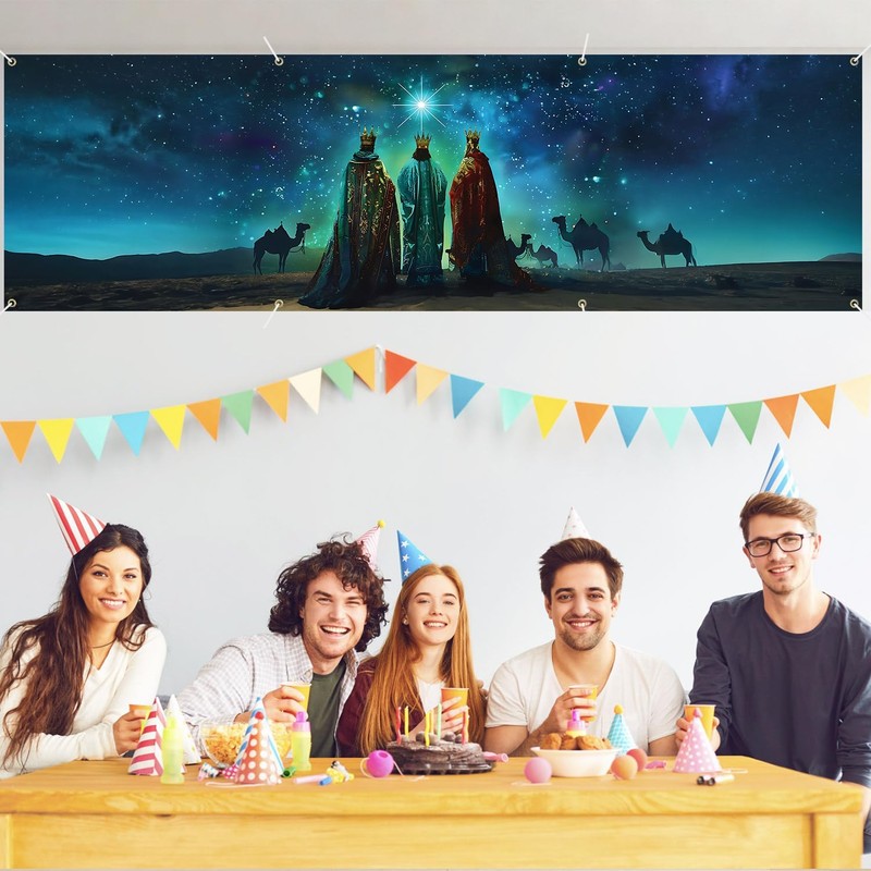 Three Wise Men Banner 118 x 35 Inches, Nativity Starry