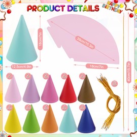 20 Pcs Birthday Party Cone Hats, Pastel Rainbow Themed Party Hats, Unique Colorful Party Paper Hats with Elastic Cord, Celebration Headwear for Birthday, New Year, Baby Shower, Party Decor (10 colors)