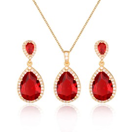 Mycitta Red Ruby Jewelry Set for Women - Sterling Silver Teardrop Cubic Zirconia Crystal CZ Drop Earrings Pendant Necklace Set for Bride Bridesmaids Mother of Bride Prom Party