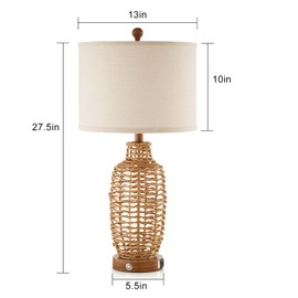 YIMNOVP Rattan Table Lamps Set of 2 Wicker Lamps 3 Way Dimmable Touch Control Farmhouse Rustic Coastal Lamps with USB Port for Bedroom Living Room Office (LED Bulbs Included)