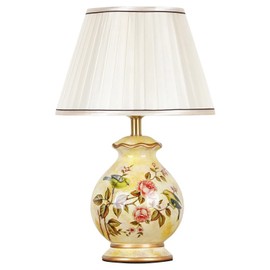 CEKUXPS 20.4" Chinoiserie LED Table Lamp, American Flower and Bird Ceramic Chinoiserie Table Lamp, Yellow Fabric Shade with Hardware Base Round Bedside Lamp Bedroom Study Hotel Home Decoration