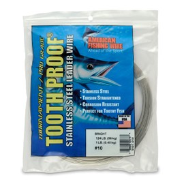 American Fishing Wire Tooth Proof Stainless Steel Single Strand Leader Wire, Size 10, Bright, 124 Pound Test, 1 Pound Coil