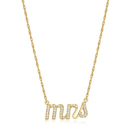 MORGAN & PAIGE .925 Sterling Silver 18K Yellow Gold Plated Statement Dainty Necklace for Women, Hypoallergenic Cursive Pendant Mrs Cubic Zirconia Necklace - 16in with 2in Extender Rope Chain