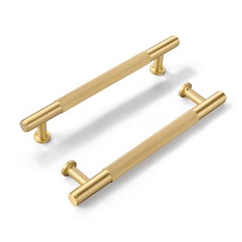 SALISENG-2 Pack Brushed Gold Cabinet Pulls,Solid Brass Dresser Drawer Handles, 5 Inches Modern Furniture Door Pulls for Bedroom Bathroom Cabinet Hardware