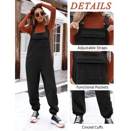 Uikue Women's Winter Fleece Overalls Warm Fuzzy Jumpsuits Adjustable Strap Sleeveless Loose Casual Fluffy Bib Overalls Pants(Black,L)