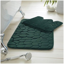 VELVETIO Pebbles Stone Bath Mat & Pedestal Set for Bathroom, Water Absorbent Non Slip 2 Piece Toilet Mats, Extra Soft Shower & Bathtub Rug, (50x80, 50x40 cm), Green