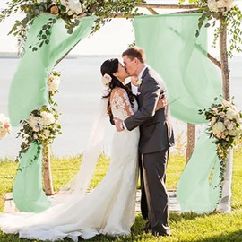 ShinyBeauty Chiffon Wedding Arch Draping Fabric 2Panels 29'' x 18FT Sage Green Chiffon Fabric Voile Sheer Backdrop Valance for Table Runner Stairway Wedding Backdrop for Ceremony (Pack of 2)