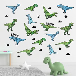 Yovkky Origami Dinosaur Wall Decals Stickers, Blue Green Dino Roar Footprints Plant Boys Toddler Baby Nursery Decor, Funny Home Decorations Kids Bedroom Playroom Art