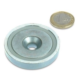 magnets4you Neodymium Flat Gripper Diameter 48.0 x 11.5 mm with Countersink Holds 87 kg, Pot Magnet Galvanised Steel Pot, Magnet with Countersunk Hole for Screwing On Workshop Magnet
