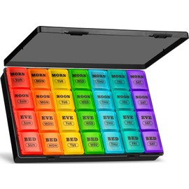 XL Pill Boxes 7 Day 4 Times a Day, Weekly Pill Box Organiser Large Daily Dossett Pill Box 7 Day 28 Compartments, 7day Medication Organiser Big Travel Tablet Organiser for Vitamin (Black-Rainbow)