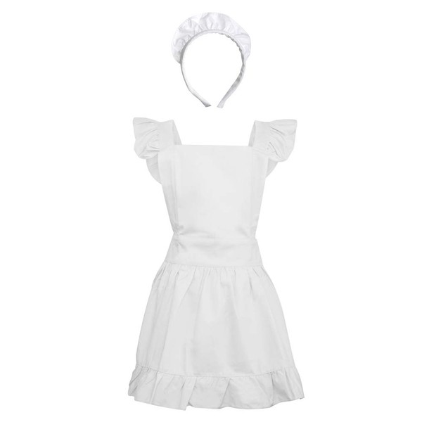 Aspire Cotton Retro Adjustable Ruffle Apron Pocket Kitchen Cooking Adult & Kids Maid Costume, White Apron Headband