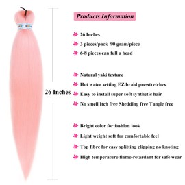 Prestressed Braiding Hair 26 inch Peach Light Pink Braiding Hair Pre Stretched Hypoallergenic Crochet Ez Box Braid Pre Stretched Braiding Hair Synthetic Fake Hair for Braiding UPruyo (3 Packs)