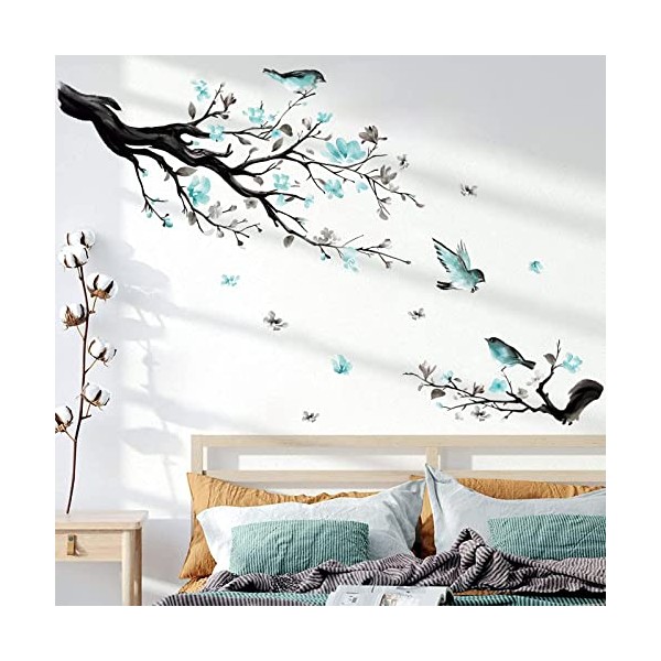 decalmile Watercolor Blue Flower Wall Decals Blossom Bird Tree Branch Wall Stickers Living Room Sofa TV Background Wall Decor