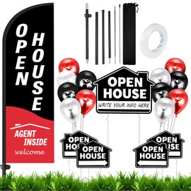 Real Estate Agent Supplies, Open House Signs for Real Estate, 1 Pack Open House Flag with Pole Kit, 5 Pack Double Sided Open House Sign with Metal Stakes and 12 Metallic Balloons and Ribbons (Black)