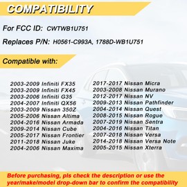 Vurkcy Key Fob Replacement for Nissan Altima Titan Cube Frontier Quest Rogue Sentra Versa Xterra Infiniti FX35 FX45 Car Keyless Entry Remote Control, CWTWB1U751, 3 Btn