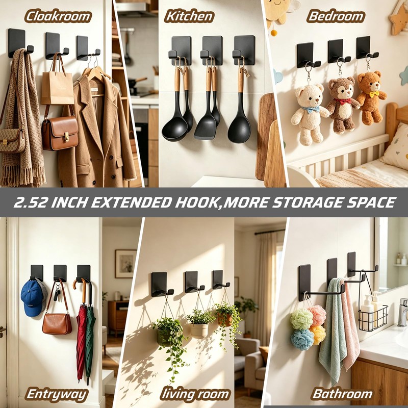 Everlling Adhesive Hooks Long 4 Pack, Large Sticky Hanger Wall