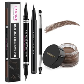 Eyebrow Pen Kit, with 2 Tip Waterproof Microblading Eyebrow Pencil, Eyebrow Pomade, Eyeliner and Dual-ended Eyebrow Brush - 05 Dark Brown