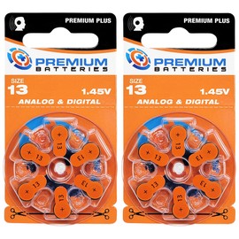 Premium Batteries Size 13, PR48, P13, ZA13 1.45V Zinc Air Hearing Aid Batteries Orange Tab (12 Batteries)