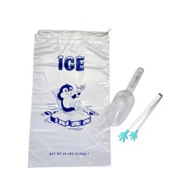 EliteWare Ice Bags 10 Lb, Draw String Closure (Pack of 10) with Premium Ice Scoop and Tongs