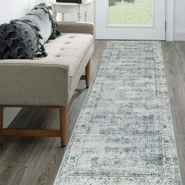 Morebes Vintage Kitchen Rugs Non Slip Washable Rug Runner,Non Skid Bath Mat Runner,Distressed Long Bathroom Rug Indoor Floor Carpet for Room Hallway Entryway Laundry Foyer, Blue-Gray