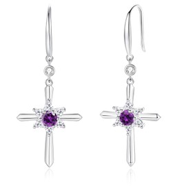 FANCIME Amethyst Cross Dangle Drop Earrings 925 Sterling Silver Dainty Round February Birthstone Earring Fine Jewelry Birthday Gifts for Her Women