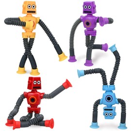 Robot Toys (4 Pack), Telescopic Suction Cup Robots Autism Pop Tubes Sensory Fidget Toy, Gifts for Kids Toddler Age 3-6 Year Old, Boy Girl Party Favors