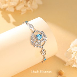 BELLNA S925 Sterling Silver Tree Of Life Birthstone Heart Charm Bracelet Gifts for Women Jewelry Anniversary Valentines Day Birthday Gifts Bracelets (Mar)