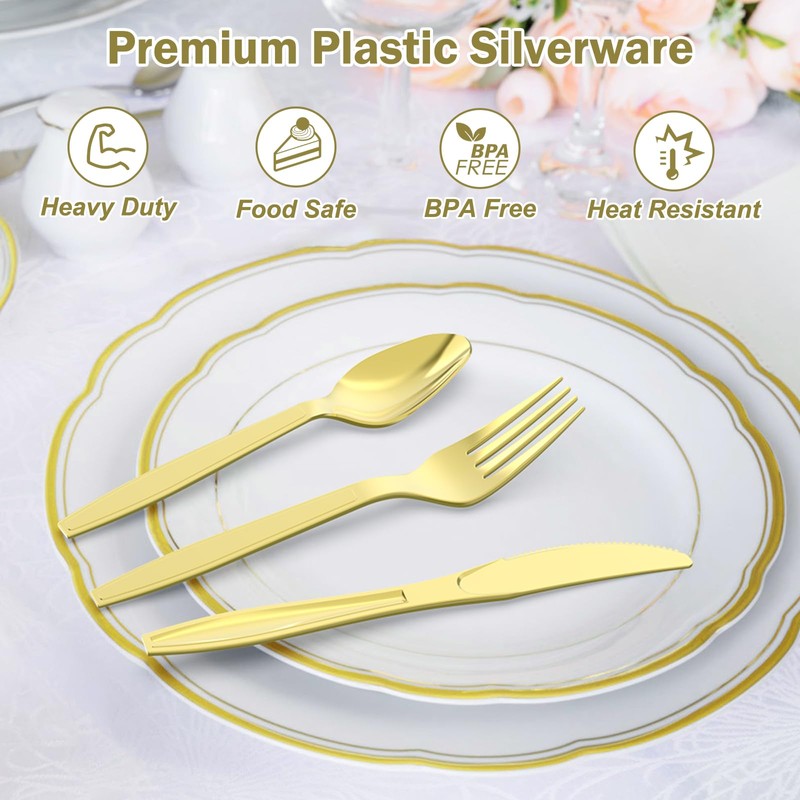 Dealusy 300 Count Extra Heavy Duty Gold Plastic Silverware, 100
