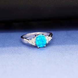 Uloveido 2.96 g 925 Sterling Silver Oval Cut Created Blue Fire Opal Birthstone Solitaire Wedding Engagement Band Rings for Women Girls JZ125, Zirconia, Cubic Zirconia