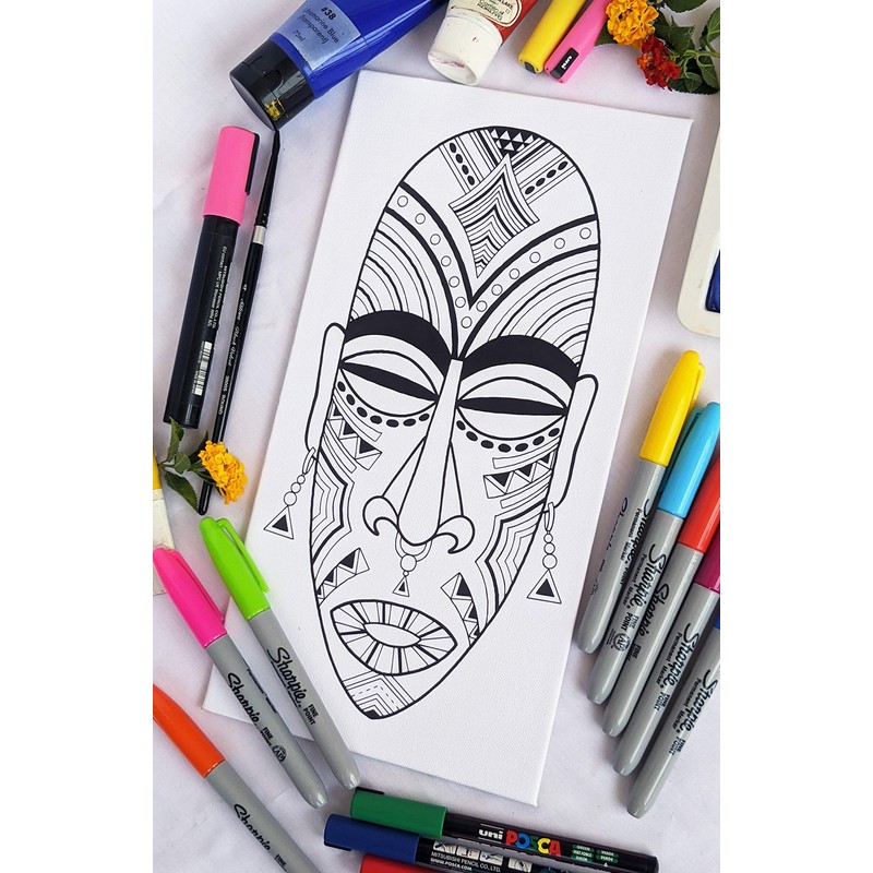 Tribal African Mask - Coloring Canvas For Adults, Stretched primed