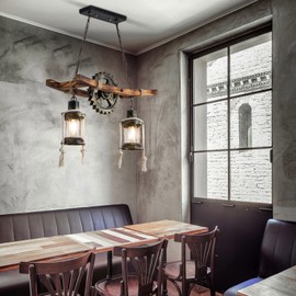 YIYIBYUS Industrial Vintage Wooden Hanging Pendant Light Retro Loft Lantern Chandelier 2 Lights Suspension Lighting Fixture for Coffee Shop Restaurant