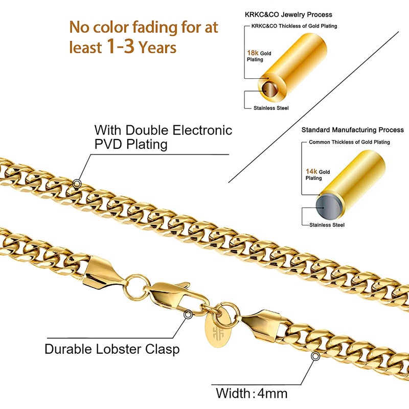 KRKC&CO Mens Cuban Link Chain Necklace, 18K Gold Plated/Satin Silver