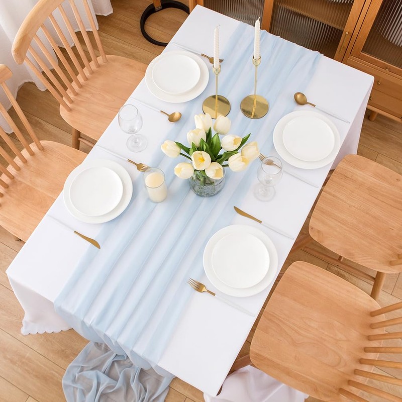 Chuqing Chiffon Table Runner, Light Blue, Decorative Table Runner, Table