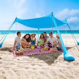 COMMOUDS Beach Tent, Camping Sun Shelter with UPF50+ Protection, Sand Shovels, Ground Pegs and 4 Stability Poles, Outdoor Pop Up Beach Shade Canopy for Fishing, Backyard or Picnics