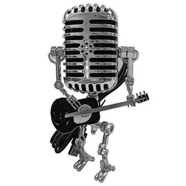 Musiin Retro Decorative Microphone Robot Figurine, Holding a Black Guitar, Built-in Faint Light Effect with Switch, a Surprise Creative Gift for Music Lovers